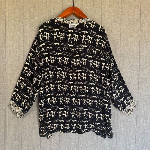 90s Vintage Chico's Black Cream Cave Art Zebra Print Silver Button Front Tunic - Picture 9 of 11
